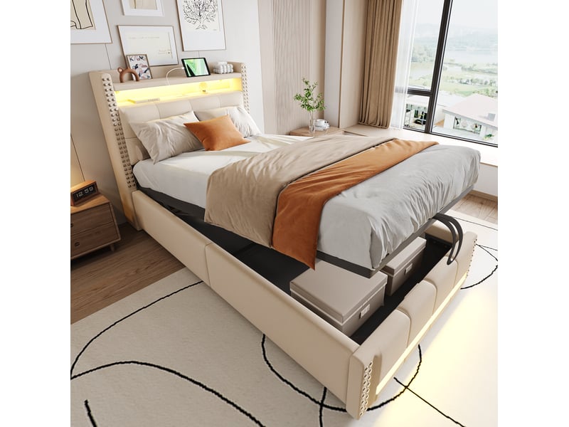  Modenvie lit enfant coffre 90x200 cm - led, port usb et rangements, sommier inclus - beige  - Conforama B