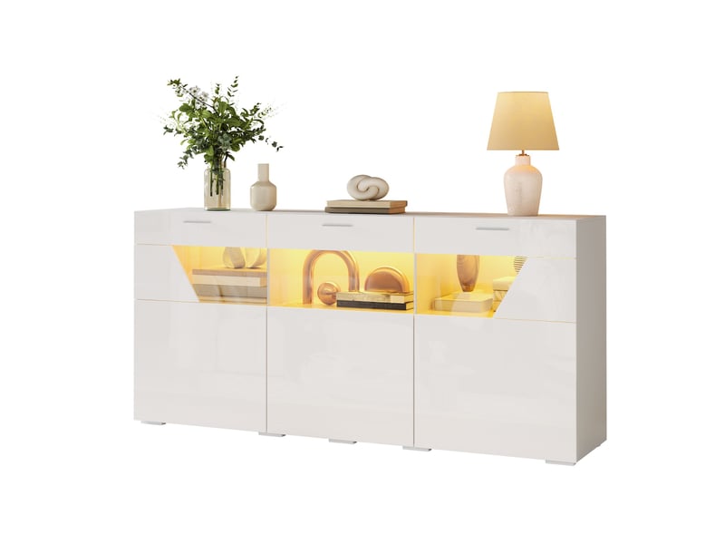  Buffet de rangement 160x38x78 cm, éclairage led, 3 portes, éléments vitrés, grand rangement pour salon et salle à manger - blanc GL008867W - Conforama A