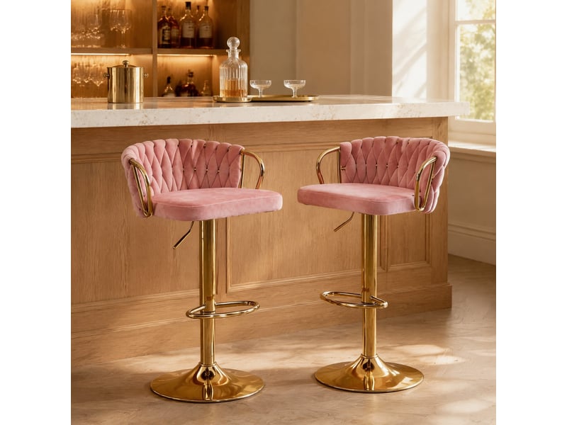  Tabouret de bar pivotant réglable avec dossier, accoudoirs et repose-pieds, en velours et métal rose  - Conforama B