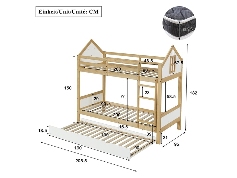  Lit superposé en bois 3 places, 90 x 200 cm, avec lit gigogne, échelle et barrières de sécurité, design « maison », blanc et naturel  - Conforama C