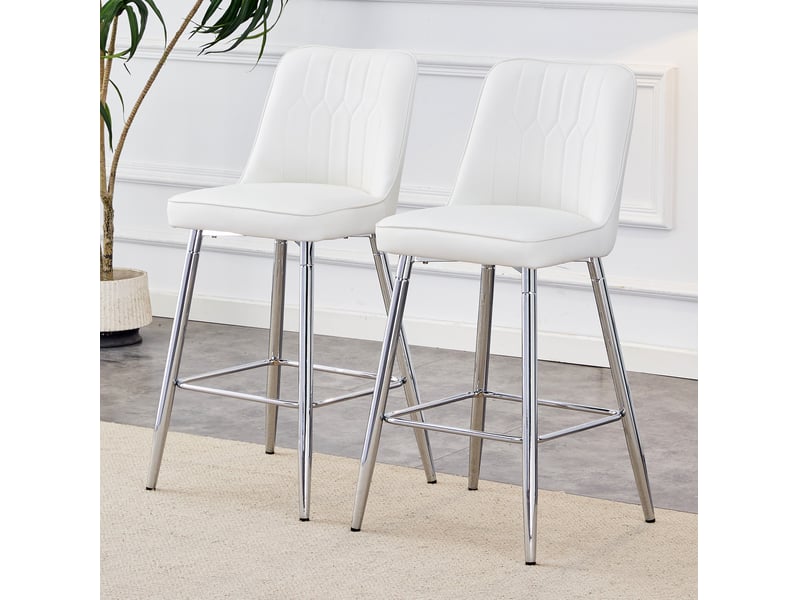  Tabourets de bar 100 cm lot de 2, chaise de bar, tabouret haut, chaise haute cuisine, assise pu, métal argenté, blanc  - Conforama D