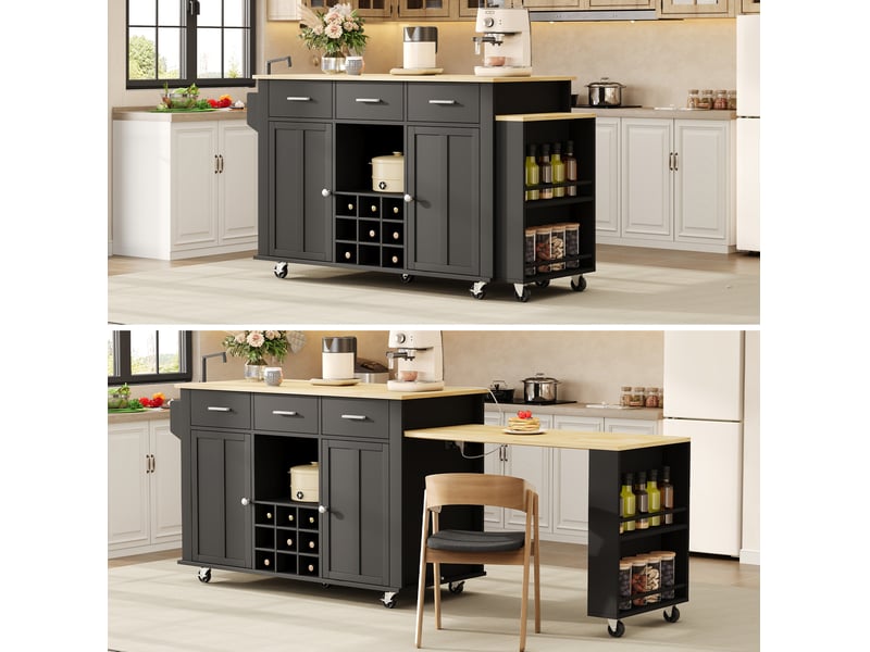  Îlot de cuisine mobile avec plateau extensible 136 à 223 x 50 x 93 cm, 3 tiroirs, prises usb, 7 roulettes, noir et naturel  - Conforama E