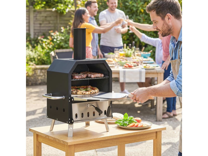 Four à pizza extérieur bois et charbon fumoir 2 étages pierre réfractaire pelle  - Conforama B