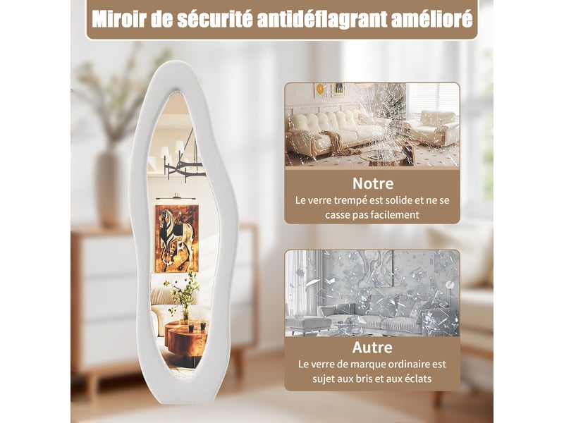  Miroir plein pied ondulé 160x50 cm, cadre en flanelle blanche, miroir au sol élégant pour chambre et dressing  - Conforama R