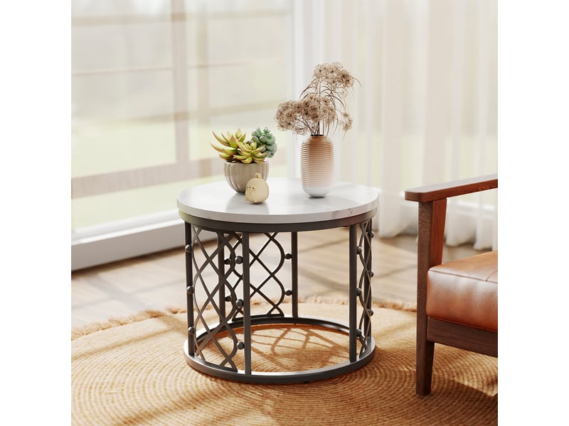 Table basse gigogne moderne, lot de 2 tables rondes avec placage marbre et cadre noir pour salon - Conforama W