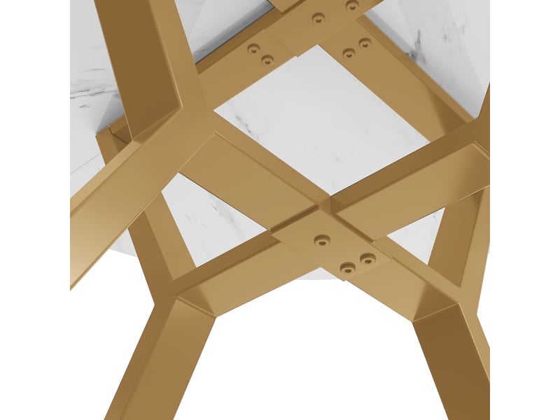  Table de salle à manger ronde à plateau effet marbre et piètement x en acier diamètre 100 cm blanc et doré  - Conforama C