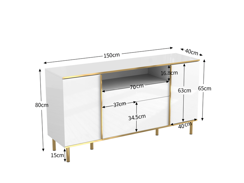  Buffet bas 150 x 40 x 80 cm blanc brillant en mdf et panneau de particules, 4 portes, 1 tiroir, led intégrée  - Conforama C
