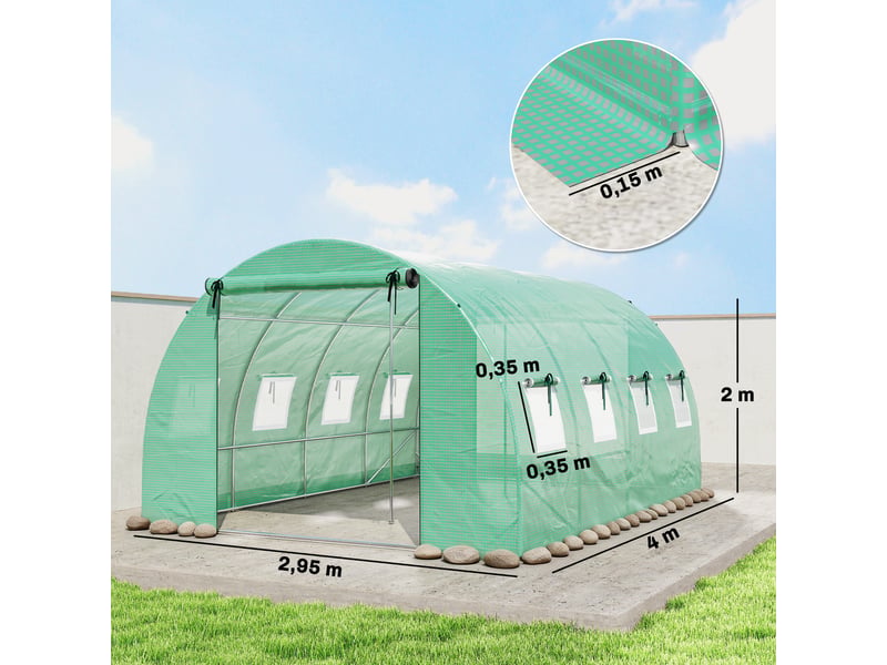  Serre d'environ 4 x 3 x 2 m, serre en aluminium avec roulettes, 2 portes à fermeture éclair et 8 fenêtres en filet, poteaux de soutien, verte  - Conforama E