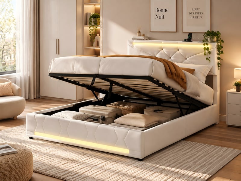  Kefsr lit coffre 140x190 cm avec sommier et led, lit adulte 2 places en tissu lin beige avec rangement, tête de lit réglable et prises usb  - Conforama B