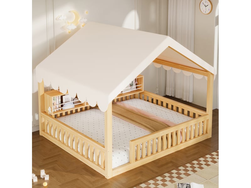  Lit cabane enfant 140 × 200 cm avec led, bibliothèque et barrières, sans matelas, en bois, naturel  - Conforama B