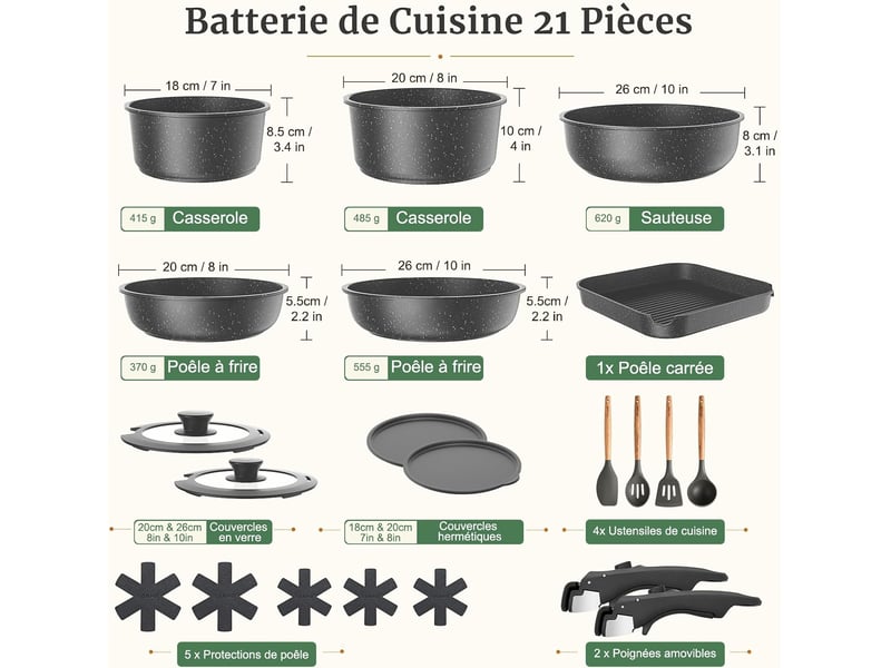  Batterie de cuisine antiadhésive yashe 21 pièces, gris  - Conforama B