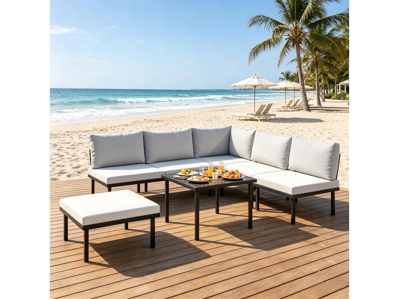  Salon de jardin avec canapé, fauteuil d'angle, 2 fauteuils, pouf et table basse, métal et polyester noir gris clair  - Conforama B