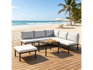 Salon de jardin avec canapé, fauteuil d'angle, 2 fauteuils, pouf et table basse, métal et polyester noir gris clair