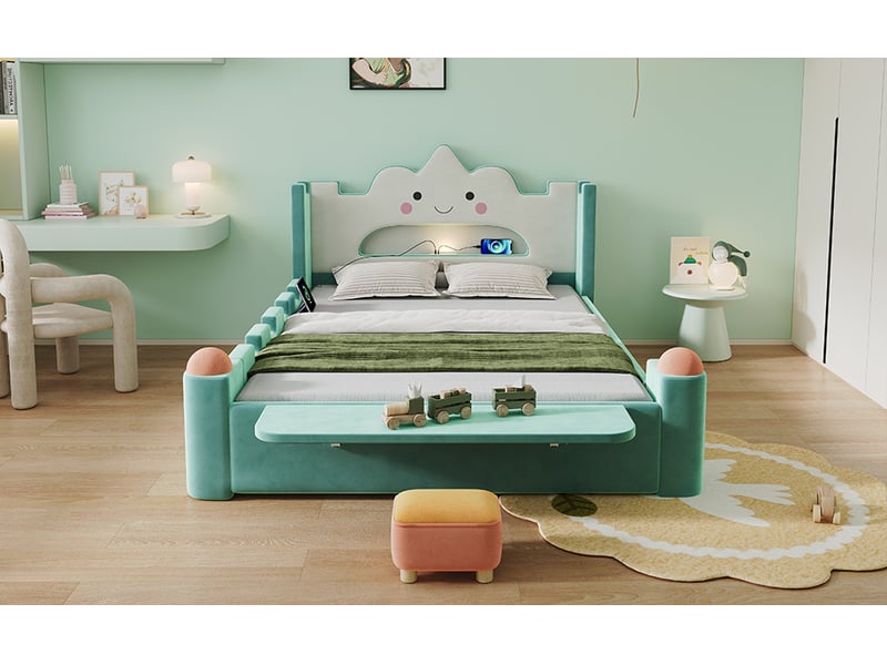  Lit coffre capitonné 140x200 cm bleu canard velours avec lampe de lecture led port usb tiroir de rangement et tablette rabattable Sol Morn - Conforama D