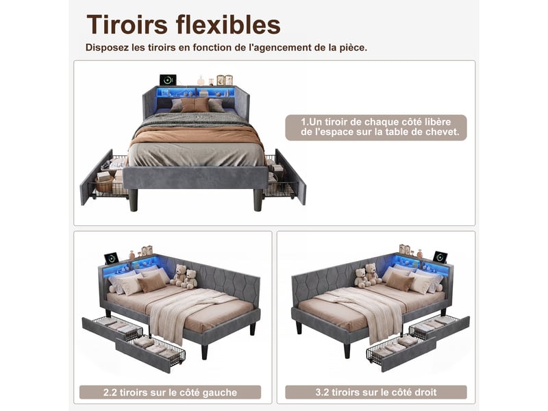 Lit banquette 90x200 cm avec led rgb et usb chargeur, canapé-lit rembourré avec rangement et tête de lit capitonnée lit ado avec tiroirs et cadre de lit à lattes gris velours, sans matelas - Conforama D