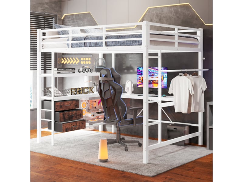 Lit mezzanine avec escalier 140x200 blanc avec led, bureau, prise usb, 3 tiroirs, étagères et rampe - Conforama B