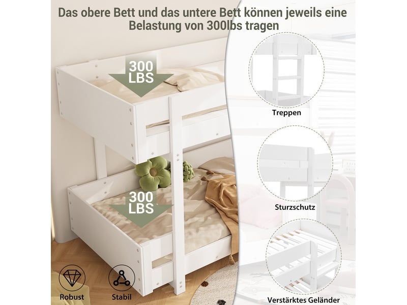  Lit superposé enfant 90x200 cm, avec escalier et barrières renforcées, gain d'espace, bois et mdf, blanc, sans matelas  - Conforama E