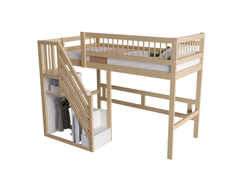  Lit mezzanine bois massif avec armoire intégrée, lit enfant avec escalier sécurisé, lit 90x200 bois naturel pour optimiser l'espace.  - Conforama C
