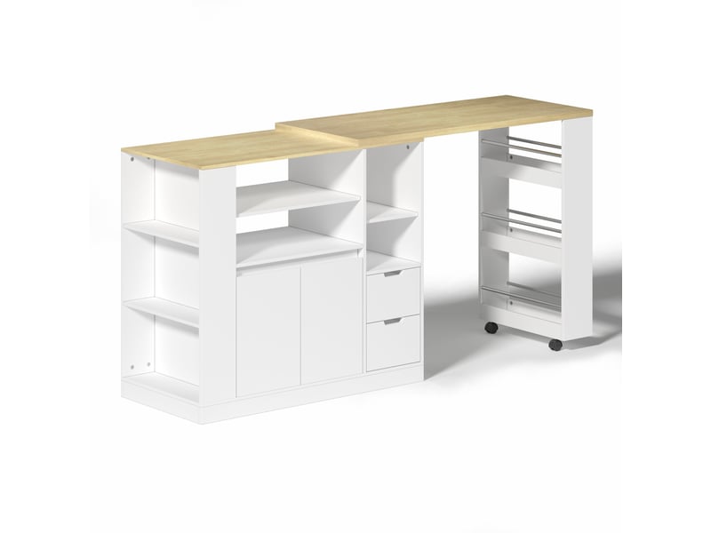  Îlot de cuisine avec plan de travail extensible, îlot central 115 cm avec rangement, mdf blanc et bois naturel, 115x50x92 cm.  - Conforama B