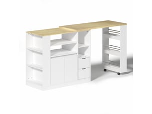 Îlot de cuisine avec plan de travail extensible, îlot central 115 cm avec rangement, mdf blanc et bois naturel, 115x50x92 cm.