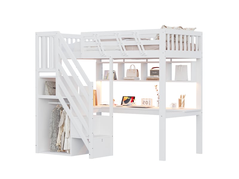 Lit mezzanine 90x200 cm avec bureau, escalier de rangement et led blanc - Conforama A