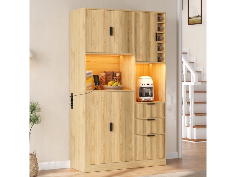 Buffet - 105x40x180 cm - meuble de rangement avec station de charge, éclairage led connecté, tiroirs et casier à vin - naturel - Conforama C