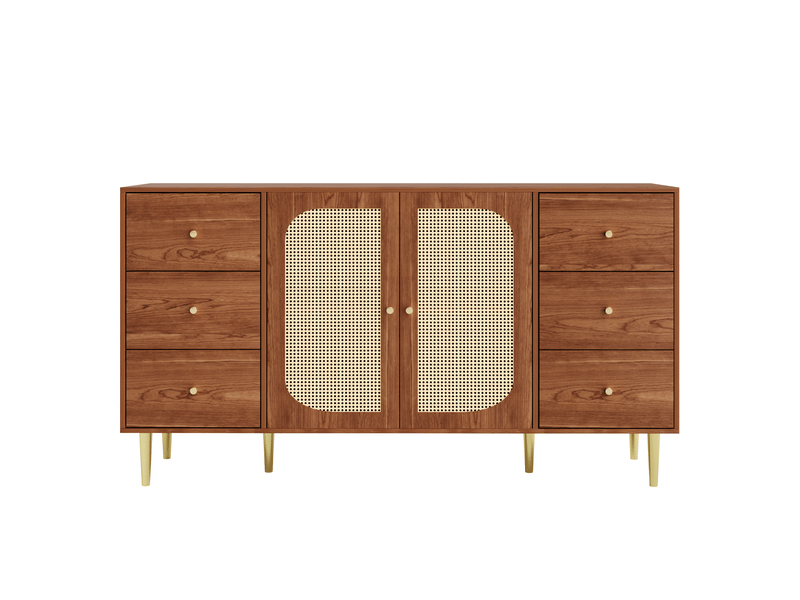  Buffet design moderne avec tiroirs et portes en rattan, meuble de rangement cuisine salon, couleur brun, dimensions 160x40x90 cm  - Conforama A