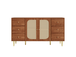 Buffet design moderne avec tiroirs et portes en rattan, meuble de rangement cuisine salon, couleur brun, dimensions 160x40x90 cm