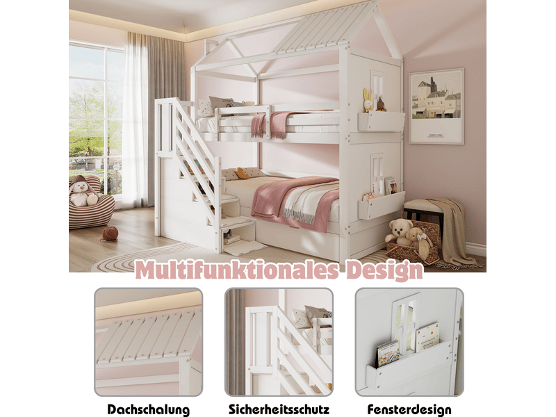  Lit superposé enfant 90x200 cm – blanc – escalier de rangement, tiroirs et étagères, sommier inclus  - Conforama E