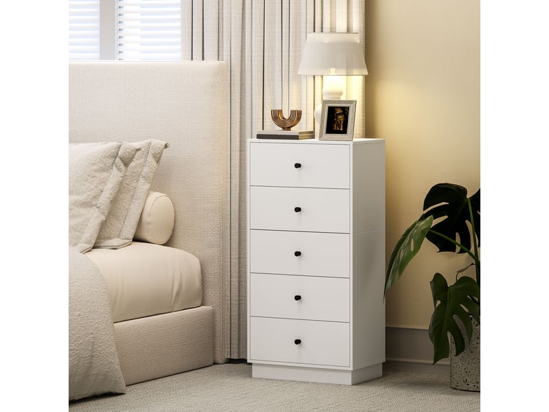  Commodebuffet à 5 tiroirs, en bois composite de style moderne, 47 x 29 x 95 cm, blanc  - Conforama C