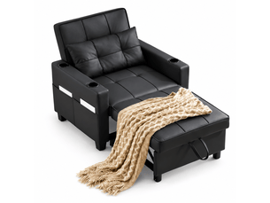 Fauteuil convertible 1 place noir - canapé lit multifonction avec porte-gobelets et usb, structure métal et bois