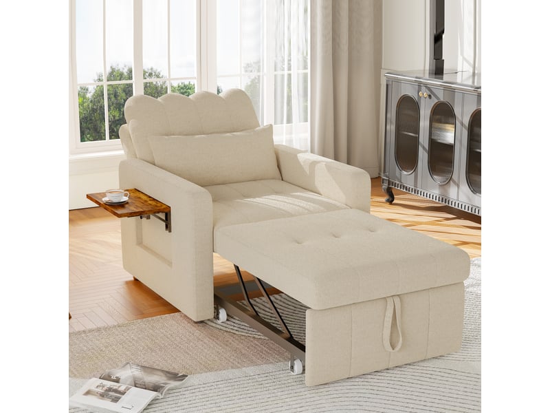 Fauteuil canapé-lit convertible 1-place - beige - 190 x 69 cm - en tissu chenille avec tablette en bois et chargeur usb intégré - Conforama C