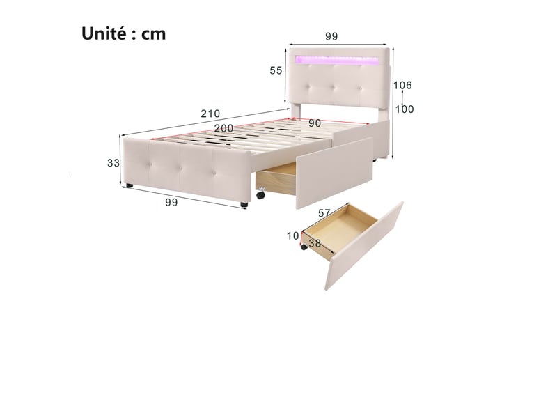 Lit enfant 90x200 cm - lit avec éclairage led et 2 tiroirs, confortable pour enfant, rangement intégré, sans matelas, beige - Conforama C