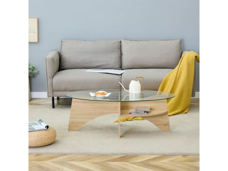  Table basse ovale avec tablette de rangement pour salon en verre de sécurité et mdf transparent bois clair  - Conforama C