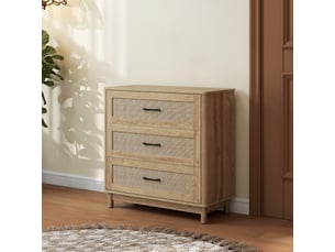 Commode 3 tiroirs en rotin, meuble de rangement, chiffonnier, pieds en bois massif, style bohème, 76x35x76cm, chêne