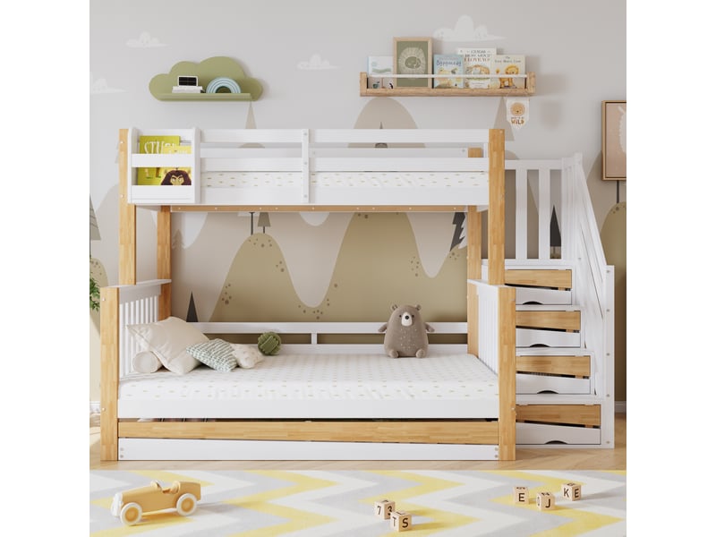 Lit superposé pour enfant, avec barrière anti-chute et rambarde, trois positions de couchage, lit gigogne, porte au design original, escalier d'angle, pin et mdf, blanc et naturel, 90 x 200 cm et 120 x 200 cm - Conforama B