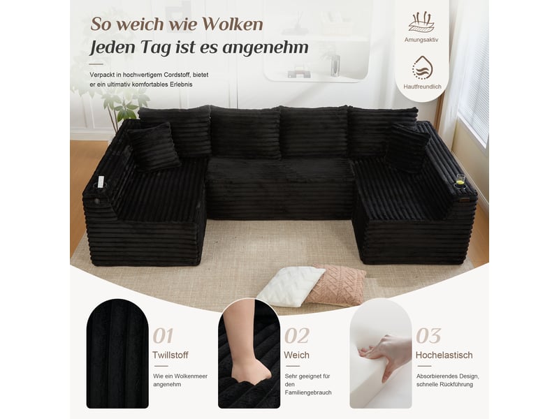 Canapé en u 5 places en velours côtelé noir avec porte-gobelets et poches latérales intégrées  - Conforama D