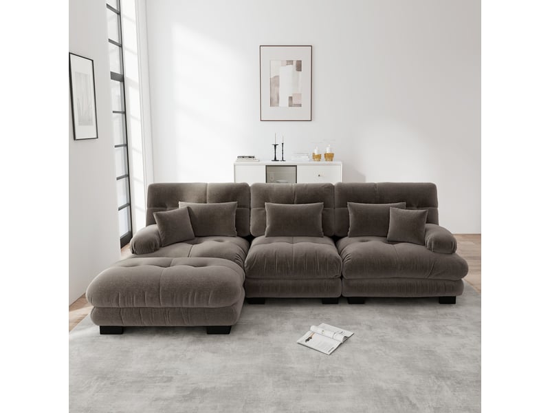  Canapé d'angle modulaire avec ottoman et coussins lombaires, style vintage, en chenille marron  - Conforama C