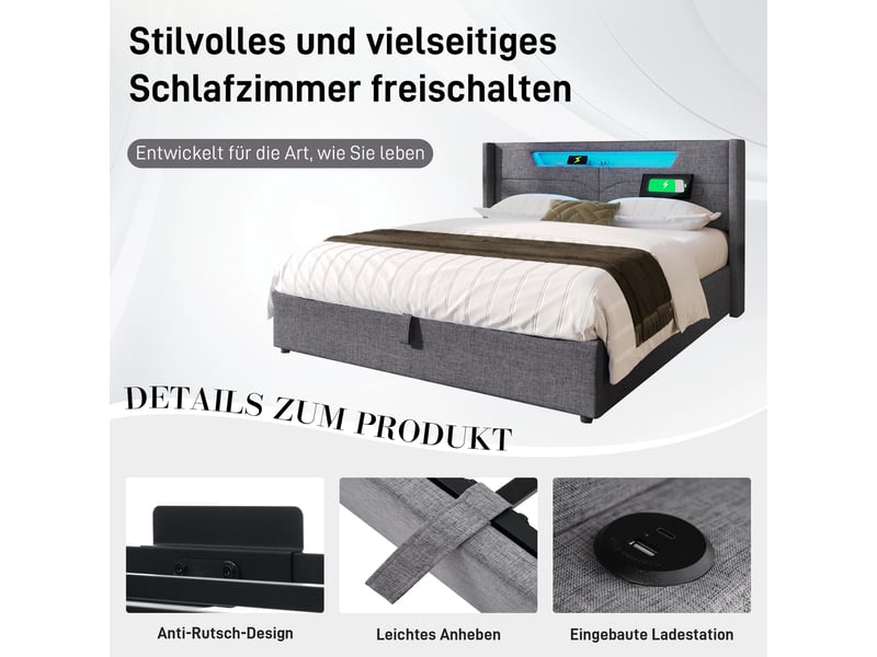  Lit 140x200 cm led intégrée usb-c rangement toile sans matelas  - Conforama D