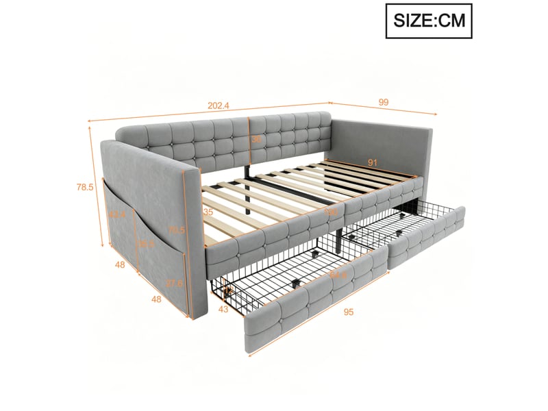  Lit banquette, 90x190 cm, pour chambre, avec 2 tiroirs, clair, matelas non inclus, mdf et métal et bois, coloris gris  - Conforama C