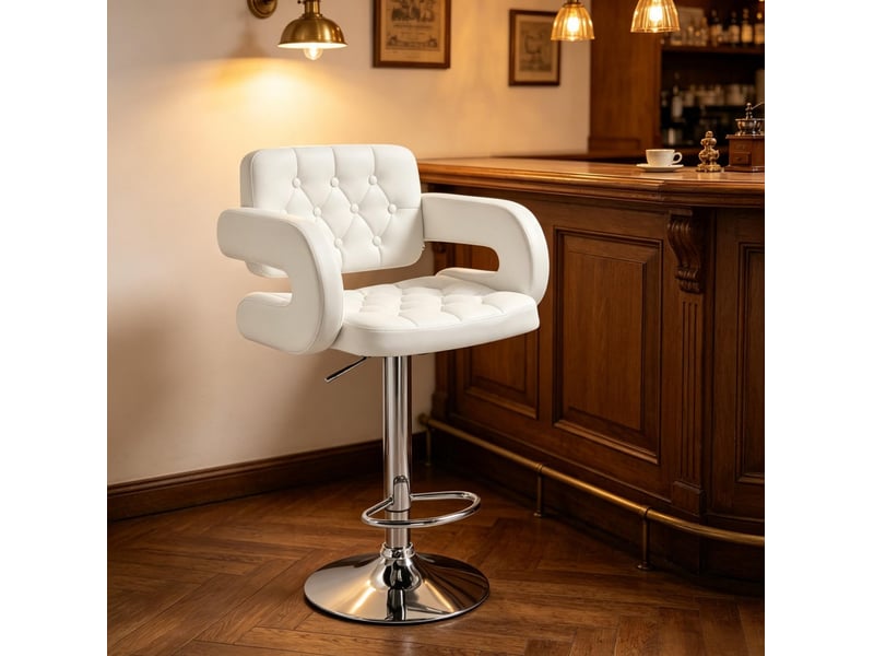  Tabouret de bar réglable avec accoudoirs, dossier et repose-pieds en métal et revêtement synthétique blanc  - Conforama E