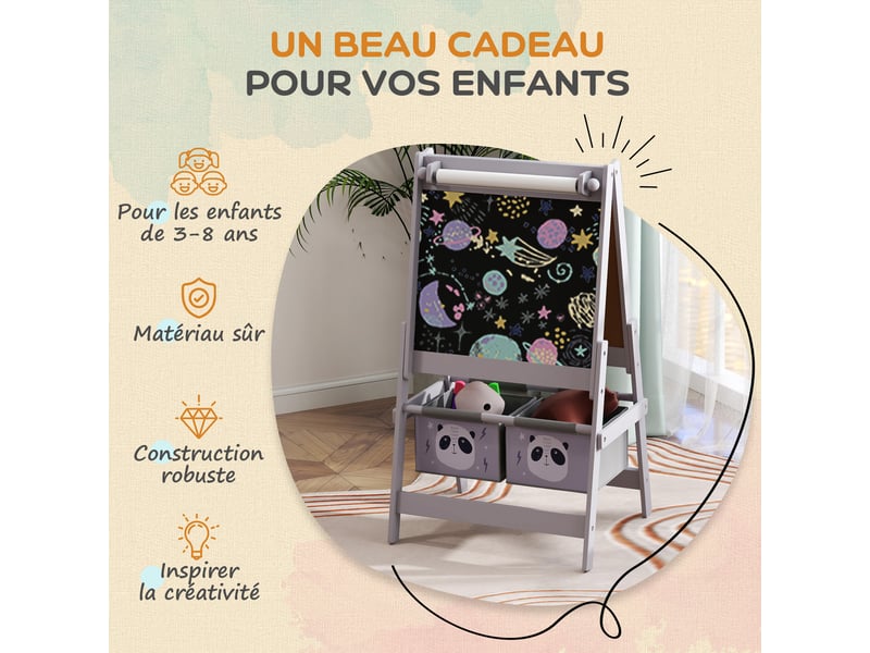 Tableau chevalet enfant ardoise double face tableau à craie rouleau papier 2 paniers 54 x 46,5 x 93 cm gris - Conforama R