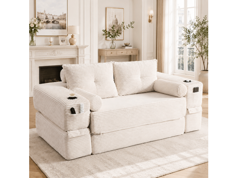 Canapé convertible 2 places 180x98x80 cm en velours côtelé avec porte-gobelet beige chicfurn - Conforama C