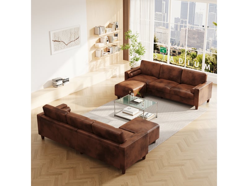 Canapé 3 places en cuir pu, 234 cm avec repose-pieds et 2 coussins, capacité 365kg, pieds bois massif 234x87x88 - Conforama W