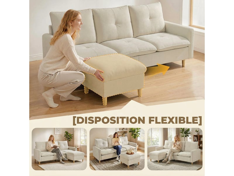  Canapé 3 places avec pouf de rangement, canapé d'angle modulable 210 cm, assise large, crème, tissu aspect lin  - Conforama A