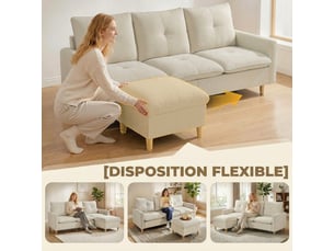 Canapé 3 places avec pouf de rangement, canapé d'angle modulable 210 cm, assise large, crème, tissu aspect lin