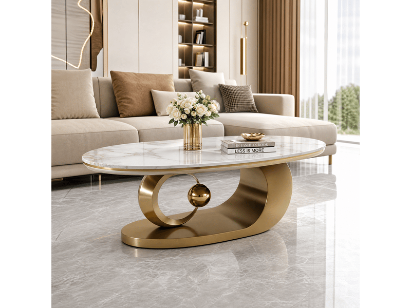 Table basse - luxueuse table basse ovale avec plateau effet marbre blanc, or et blanc, table d'appoint moderne pour salon  - Conforama C