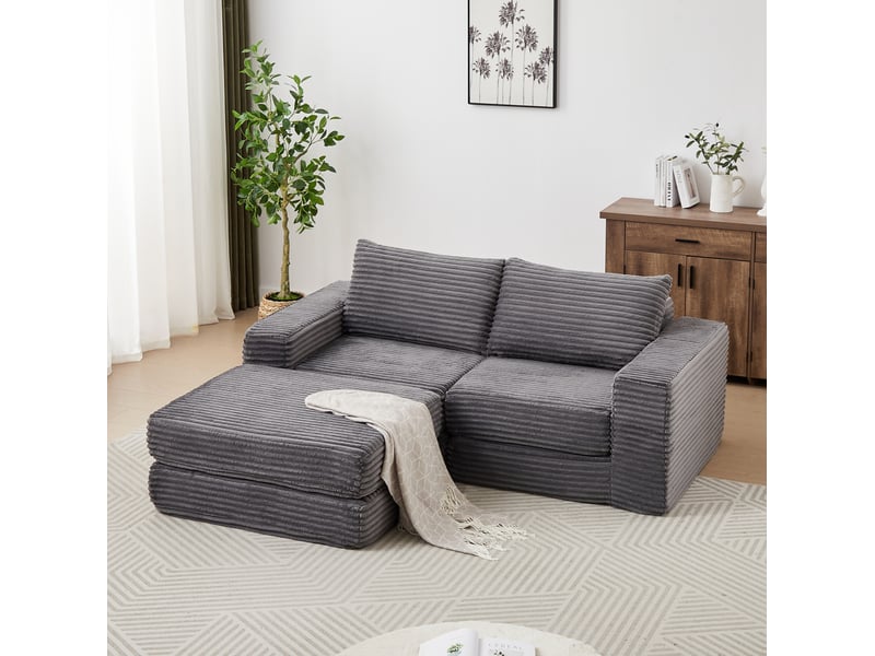  Canapé convertible 2 places en velours côtelé gris avec pouf amovible et 2 coussins  - Conforama C