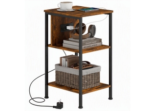 Table d'appoint avec station de charge et 2 étagères brun rustique 34 x 30 x 58 cm