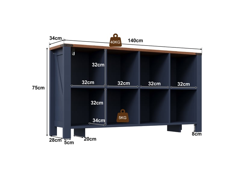 Buffet 140x34x75 cm 8 compartiments ouverts mdf bleu - Conforama E